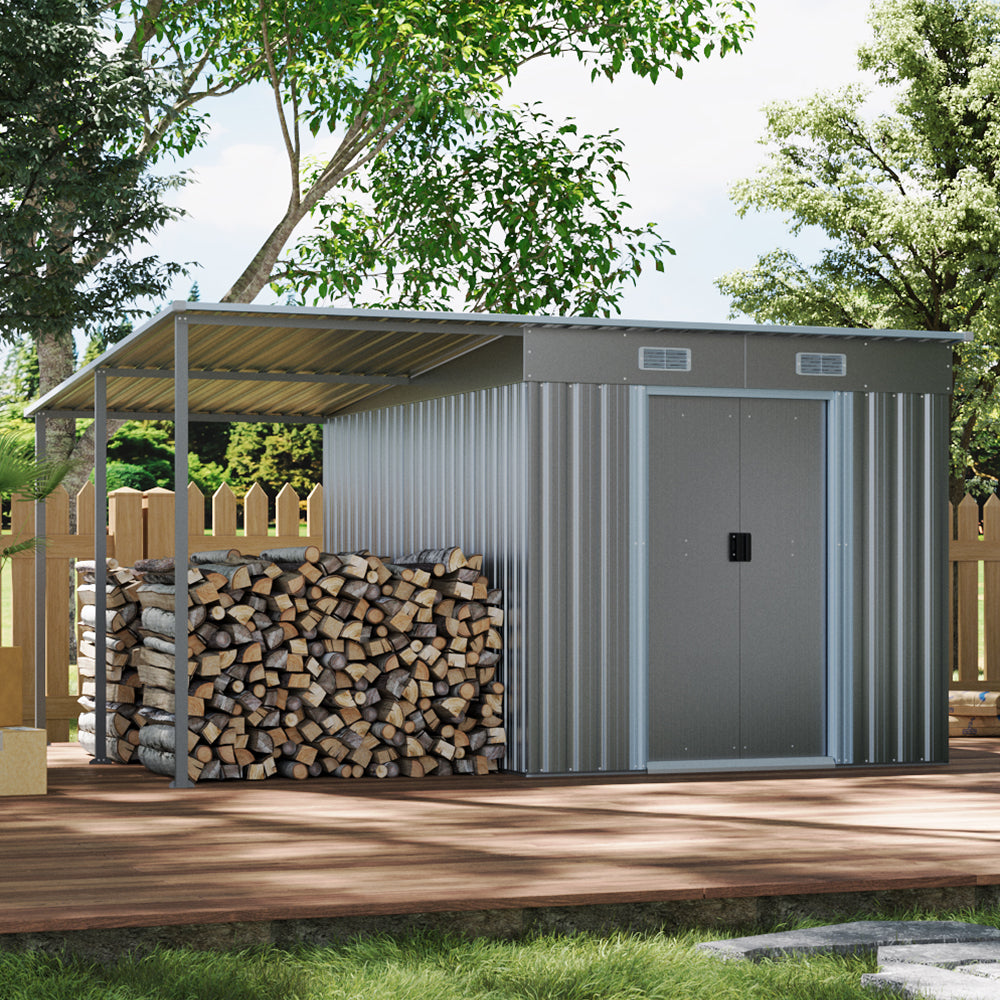 9x6ft garden metal storage shed with pent roof, durable outdoor shed for tool and firewood storage